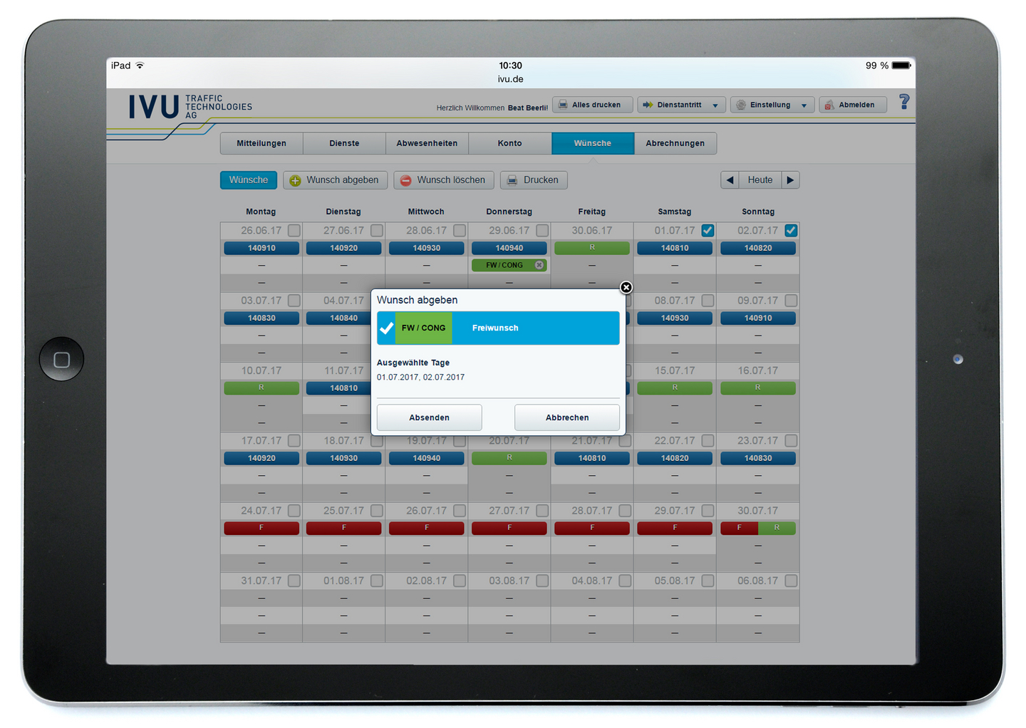 Beispielhafte Darstellung des Mitarbeiterportals IVU.pad.employee für NEB
