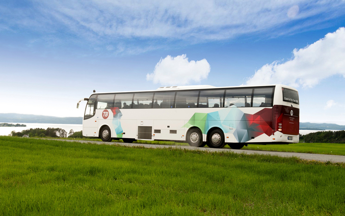 Torghatten-Bus zwischen Wiesen am Wasser